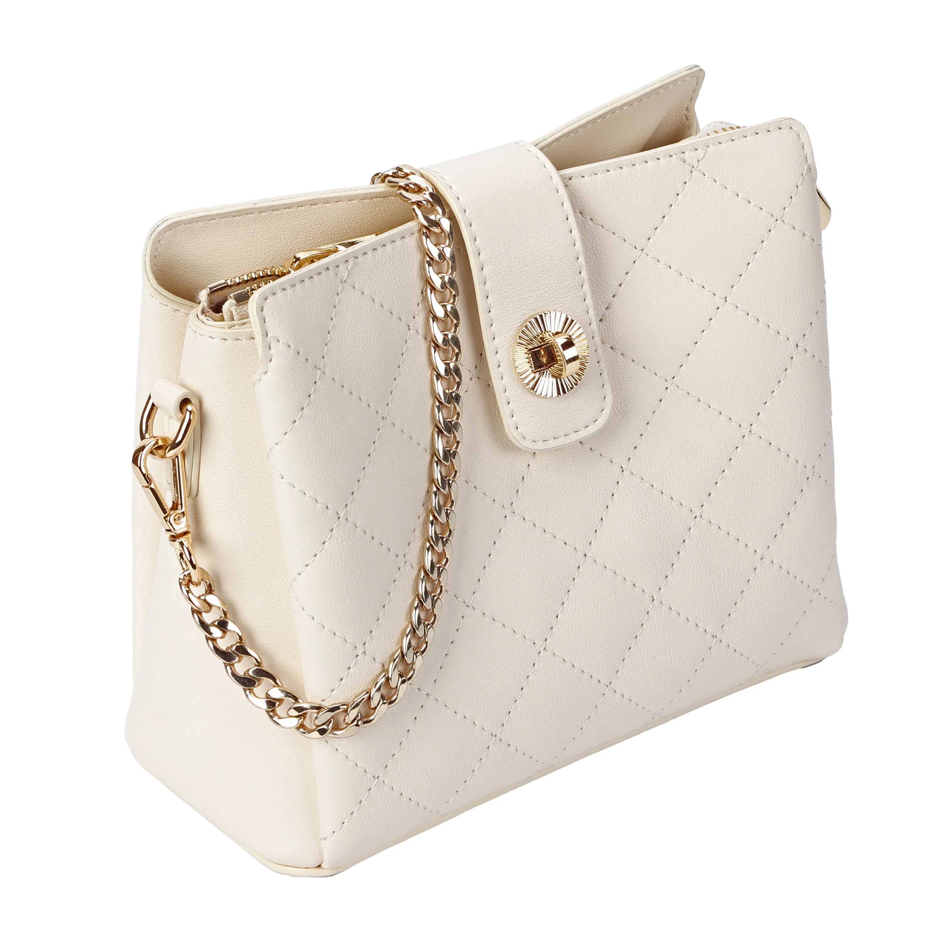 Ivory Quilted Leather Crossbody Bag with Gold Chain Strap