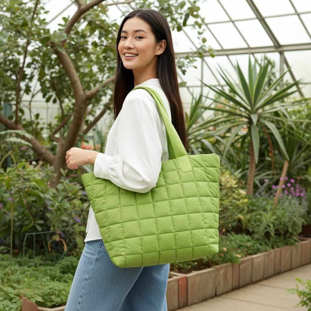 Quilted Nylon Tote Bag for Women – Lightweight 16” Laptop Work & Travel Tote