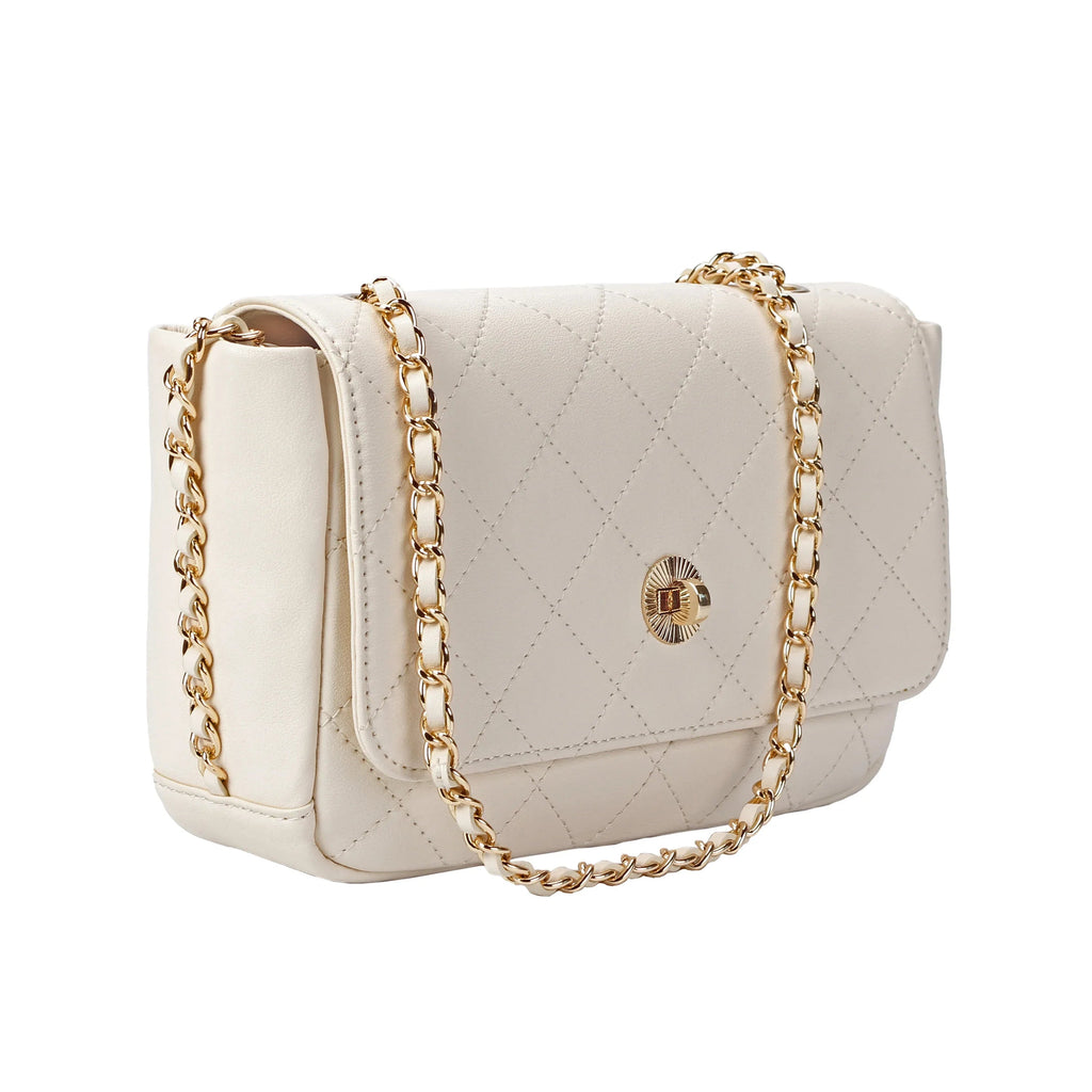 Ivory Quilted Leather Crossbody Bag with Gold Chain Strap