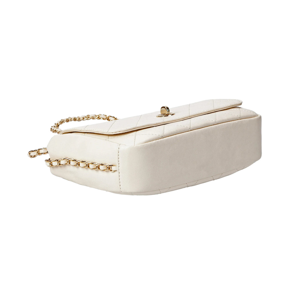 Ivory Quilted Leather Crossbody Bag with Gold Chain Strap